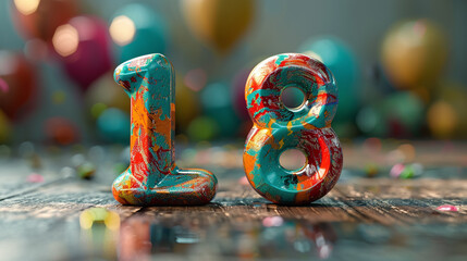 Vibrant Turquoise and Orange Painted Number 18 on Wooden Table with Festive Balloon Background