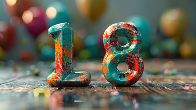 Vibrant Turquoise and Orange Painted Number 18 on Wooden Table with Festive Balloon Background