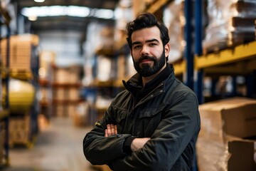 Portrait of Young Caucasian Man with Beard in Warehouse with Checklist for Logistics and Distribution