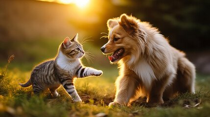 Happy pets. Cute puppy and a kitten play on the green grass, friendship concept