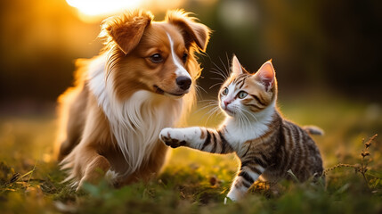 Happy pets. Cute puppy and a kitten play on the green grass, friendship concept