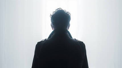 Silhouette of hidden male middle - aged person over white , back lit light , studio shot isolated on white background