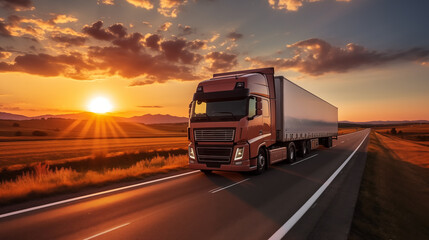 Big truck moving a highway on the sunset, concept of business and delivery industry