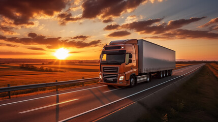 Big truck moving a highway on the sunset, concept of business and delivery industry