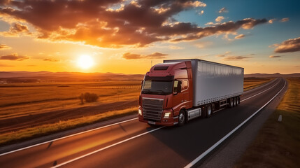 Big truck moving a highway on the sunset, concept of business and delivery industry