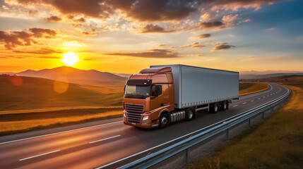 Big truck moving a highway on the sunset, concept of business and delivery industry