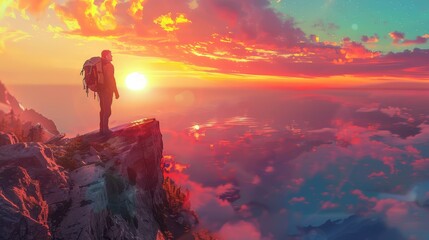 Obraz premium Solo traveler on cliff's edge, backpack in view, overlooking sunset, vivid colors, realistic detail