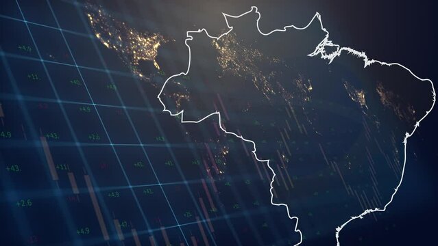 Cg footage from the territory of Brazil with a fill from the flag against the backdrop of moving financial and economic graphs and charts against the backdrop of a world map