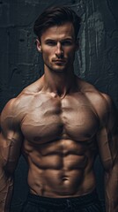 Fototapeta premium A male bodybuilder poses confidently, showcasing his muscular physique for the camera