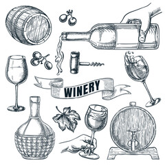 Wine icons collection isolated on white background. Glasses, bottle, barrel hand drawn elements for winery, bar or pub menu design. Vector sketch illustration