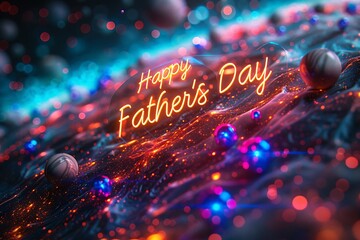"Happy Father's Day" in futuristic digital font on a cosmic galaxy backdrop.