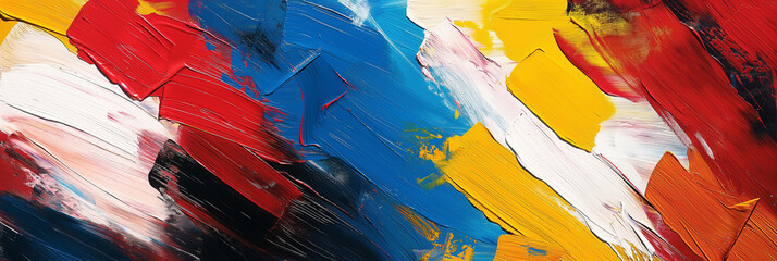 Oil painting. Multicolor brush strokes. Bright red, blue and yellow colors.