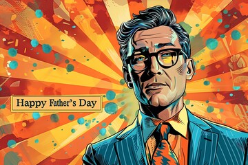 "Happy Father's Day" in playful comic book style on a vibrant pop art background.