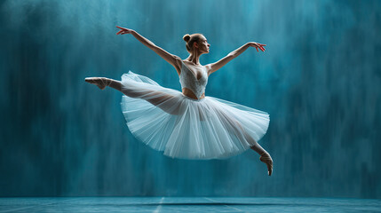 Graceful Ballet Dancer Performing Leap in White Tutu on Misty Blue Stage