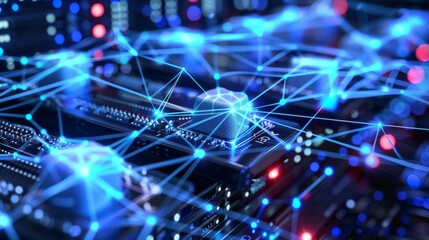 A computer chip with a blue and red design