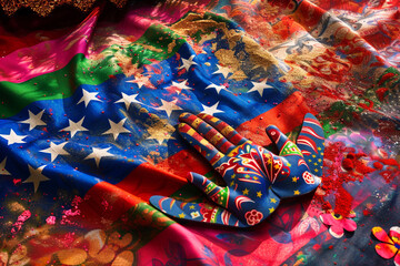 Memorial Day world celebration: American flag praying soldier silhouette with a colorful festival backdrop in India.