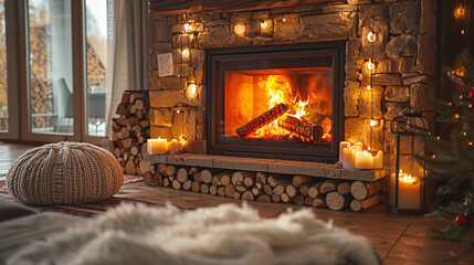 Cozy Winter Living Room with Fireplace Warm Glow and Christmas Decor