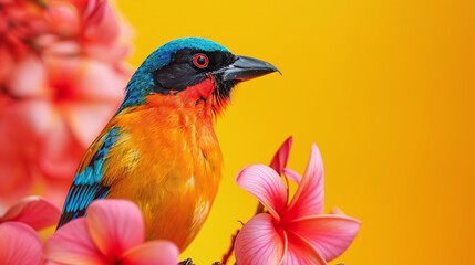 Vibrant Blue Orange Bird with Red Eyes on Pink Flowers Yellow Background
