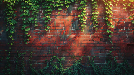 Ivy Leaves Creeping on Weathered Red Brick Wall Highlighted by Sunlight