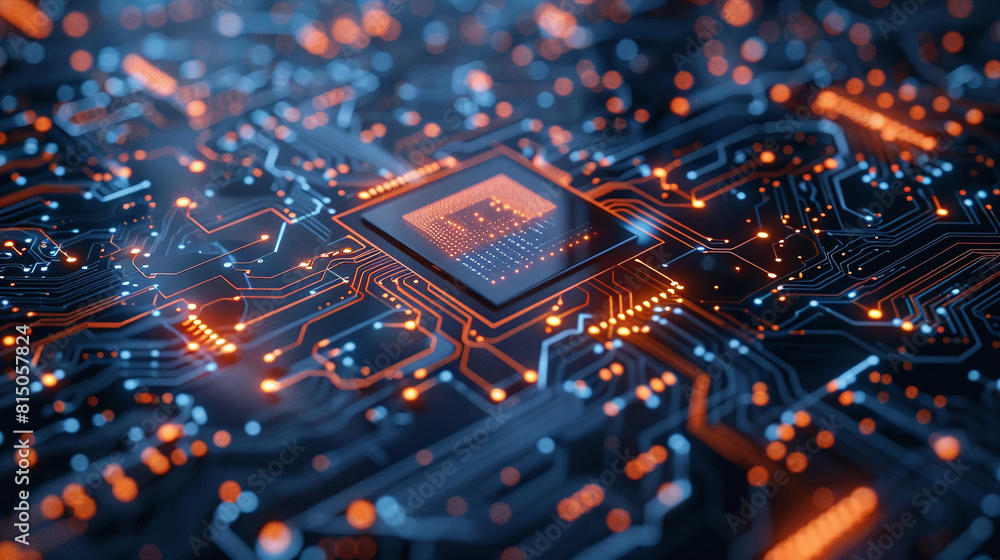 Aufkleber close up view of microchip in blue circuit board with glowing orange lights representing technology 