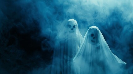 Fototapeta premium Two ghosts are standing in front of a blue sky with smoke