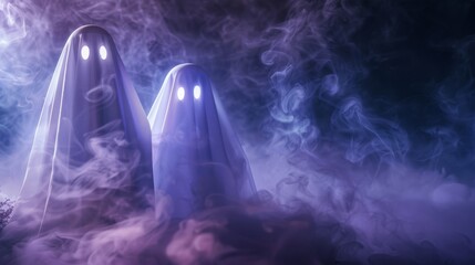 Two ghosts are standing in front of a blue sky with smoke