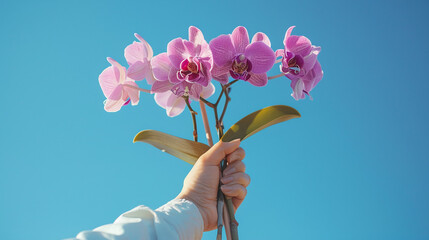 Hand Holding Pink Orchid Blossoms Against Clear Blue Sky Background - Powered by Adobe