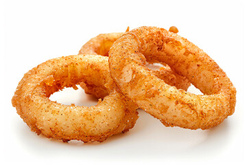 a pile of fried onion rings on a white surface