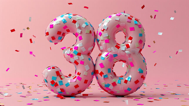 Shiny Silver Number 38 Balloons with Pink Confetti on Salmon Background Celebrating