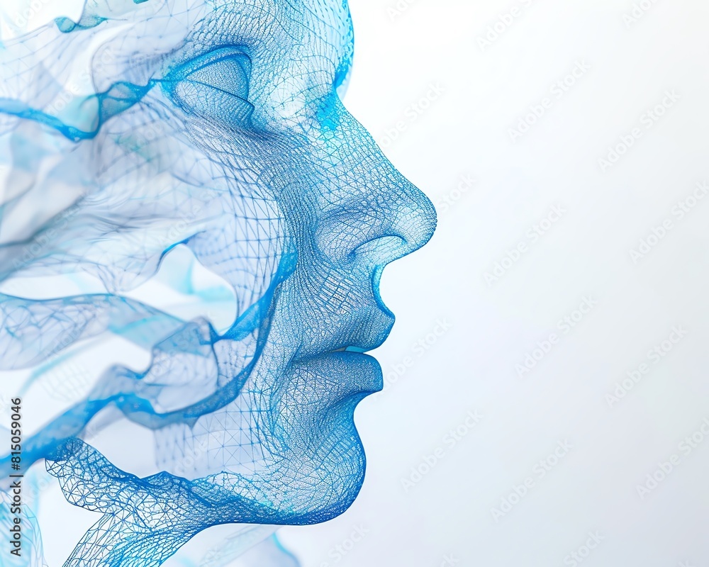 Poster generate a 3d rendering of a human face from the side. the face should be made of a blue translucent