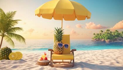 Obraz premium summer beach tent chair fruits 3d rendering