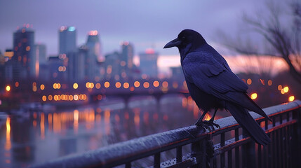 Naklejka premium Black crow perched on metal railing at twilight with blurred cityscape and river lights in background