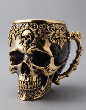 a skull-shaped cup adorned with intricate golden embellishments,  Crafted from gleaming gold, ornate engravings cover its surface