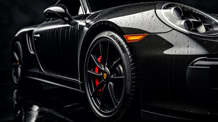 Aesthetic Photo of a Black car Covered in Washing Soap and Foam. Close Up Shot of Foam Dripping from Car's Rear Wheel Arch onto the Electric Car's Tyre and Rim