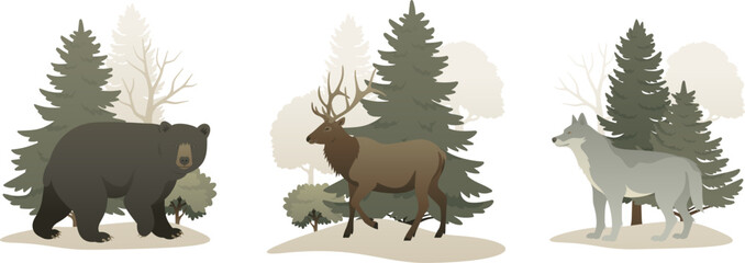 Wild animal in the forest composition set. Animals in nature vector illustration on white background. Landscape elements include trees, bear, elk, wolf.