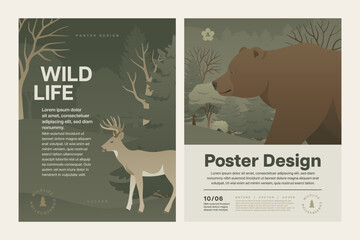 Forest animal poster design set. Wild animals in nature background vector illustration. Night wildlife landscape with grizzly bear and deer for flyer or letter.