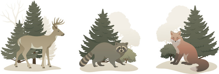Wild animal in the forest composition set. Animals in nature vector illustration on white background. Landscape elements include trees, deer, raccoon, fox.