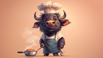 Naklejka premium A cartoon cow wearing a chef's hat and apron is cooking food
