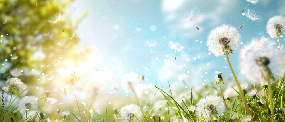Poster beautiful spring background with dandelions flying in the beautiful spring background with dandelion