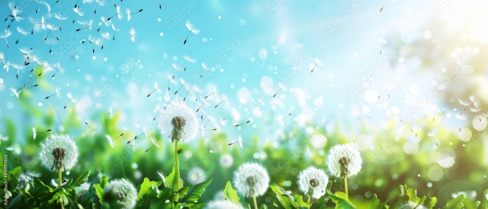 Poster beautiful spring background with dandelions flying in the beautiful spring background with dandelion