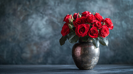 Vibrant Red Roses in Bronze Vase on Dark Textured Background Elegance and Romance