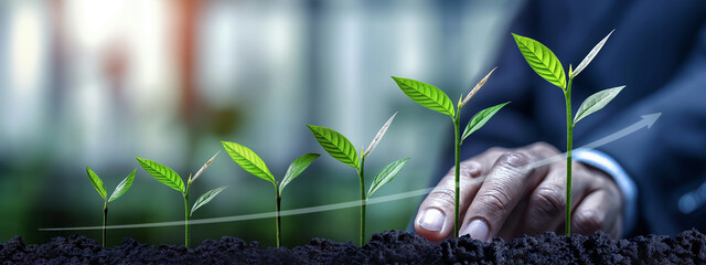 A businessman’s touching series of sprouting seedlings, a straight rising arrow, symbolizes the outstanding rate of financial growth and success.