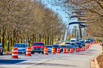 Urban Traffic and Tree-lined Street with Road Construction, Fort Wayne