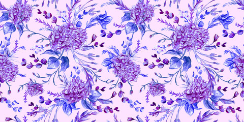 Seamless watercolor pattern drawn in pencil with hydrangeas and summer plants