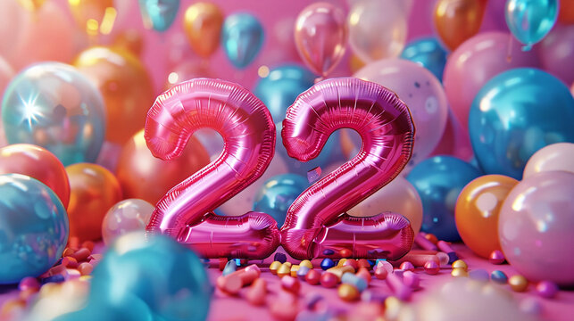 Pink Number 22 Balloon Celebration with Blue and Pink Balloons on Vibrant Background