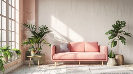 
Here's a description of an image depicting an entrance to a living room:

The entrance of a living room showcases a welcoming and stylish space featuring a pink sofa, a potted plant, and a coffee tab