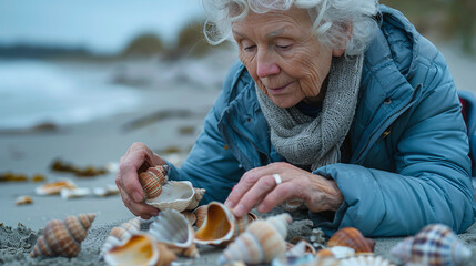 Elderly Woman Collecting Seashells on Sandy Beach at Dusk Blue Jacket Gray Scarf