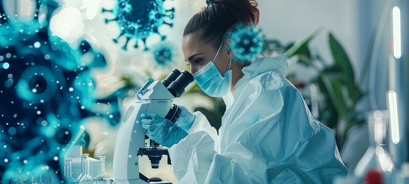 Female infectious disease specialist. Virologist with a microscope. Virus molecules next to a scientist.