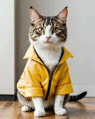Cat stays dry in yellow raincoat. Generative AI