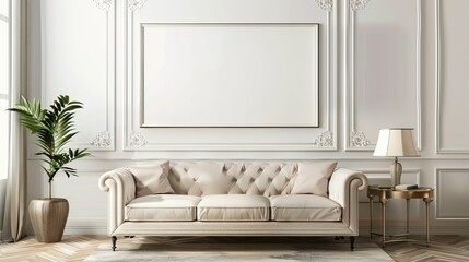 a horizontal blank poster mock-up placed on a white wall within the interior of a traditional-style living room. 
